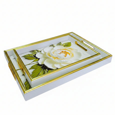 Wooden Serving Tray White Rose (Set of 2)