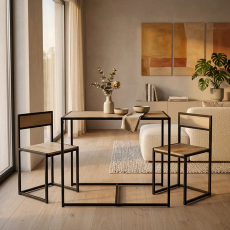 Wooden Table With 2 Wooden Chair Black Frame