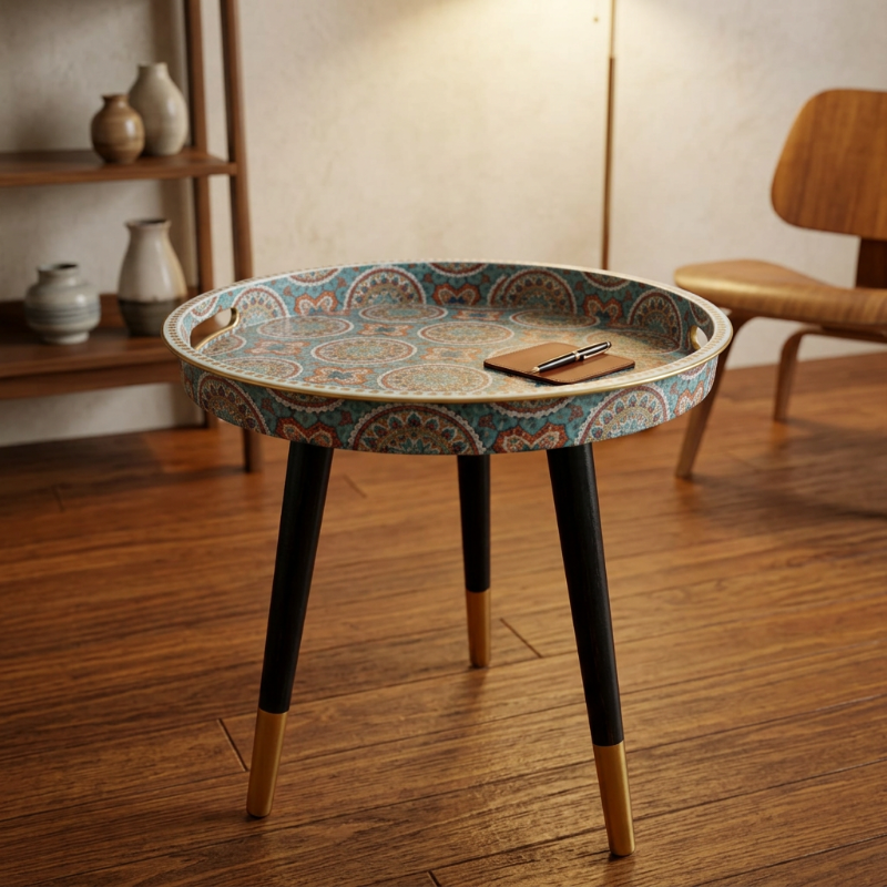 Round Wooden Coffee Table Turquoise Style