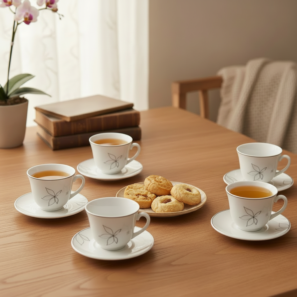 Opal Glass Cup & Saucer White Floral (Set of 6)