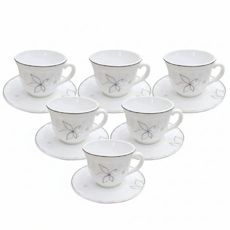 Opal Glass Cup & Saucer White Floral (Set of 6)