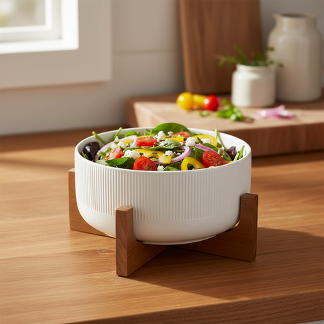 White Salad Bowl 2.7L With Wooden Stand