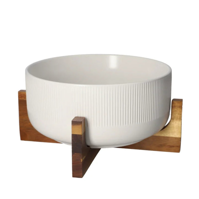 White Salad Bowl 2.7L With Wooden Stand