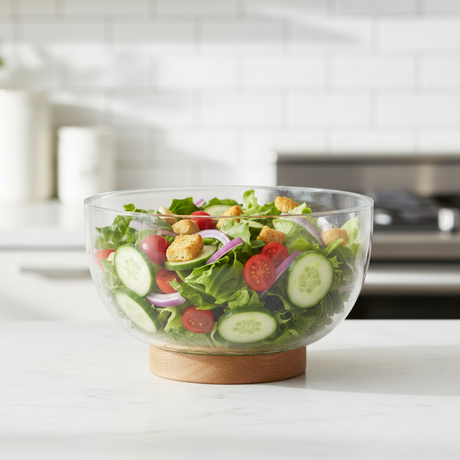 Glass Salad Bowl With Acacia Wood Base