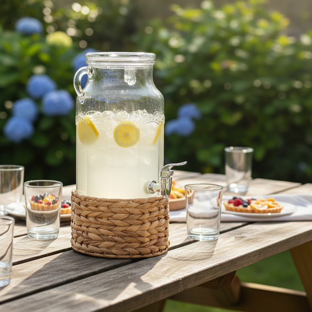 Glass Beverage Dispenser With Woven Stand 3.1L