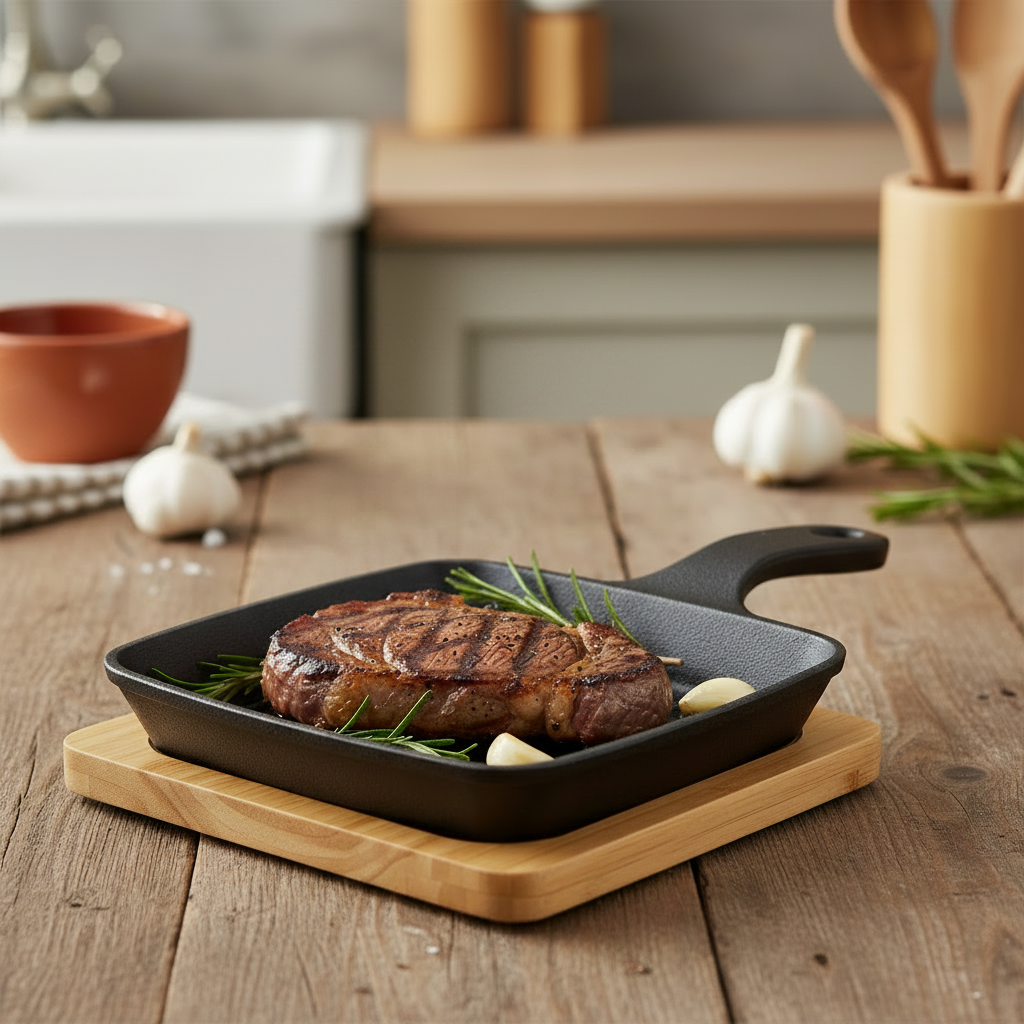 Cast Iron Sizzling Pan With Bamboo Base 23.3 x 14.7 x 4.6 cm