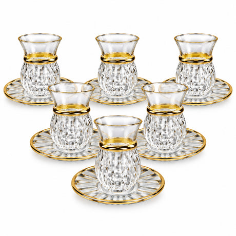 Glass Kahwa Cup & Saucer Set Gold Rim (Set of 6)