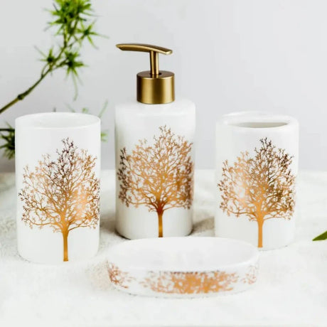 Bathroom Set Tree White & Gold (Set Of 4Pcs)