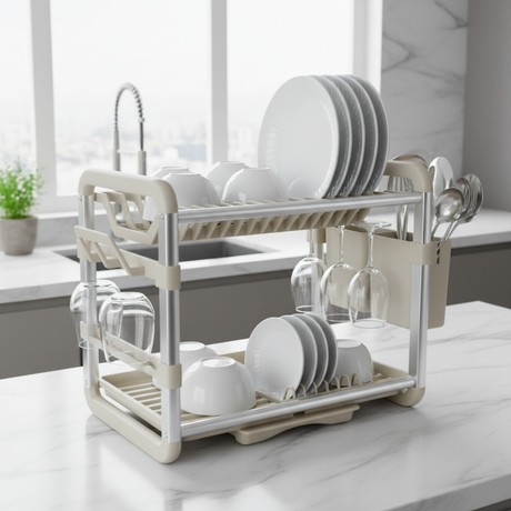 2 Tier Dish Rack Aluminum/Plastic Cream