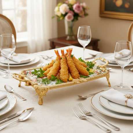 Royal Bloom Rectangular Serving Platter White & Gold 41x21x6 cm