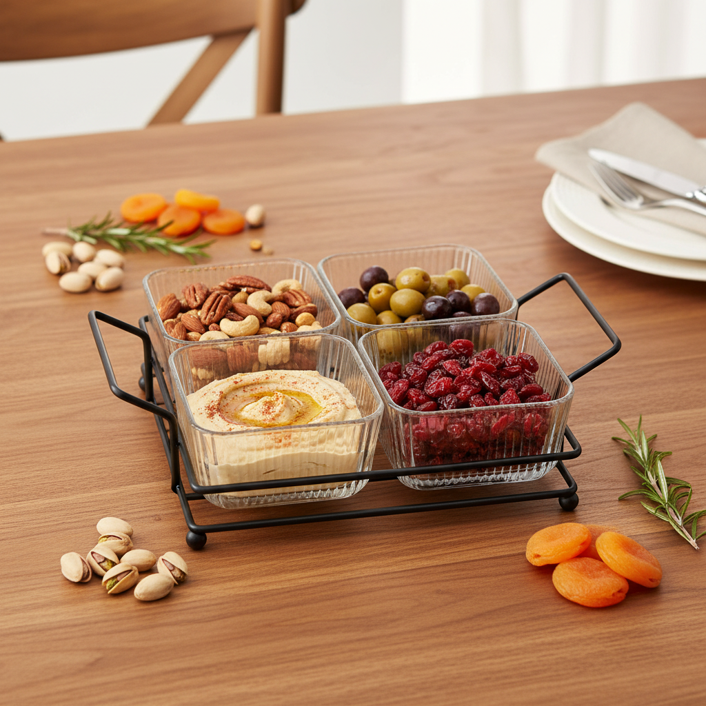 4-Division Glass Bowls With Black Stand