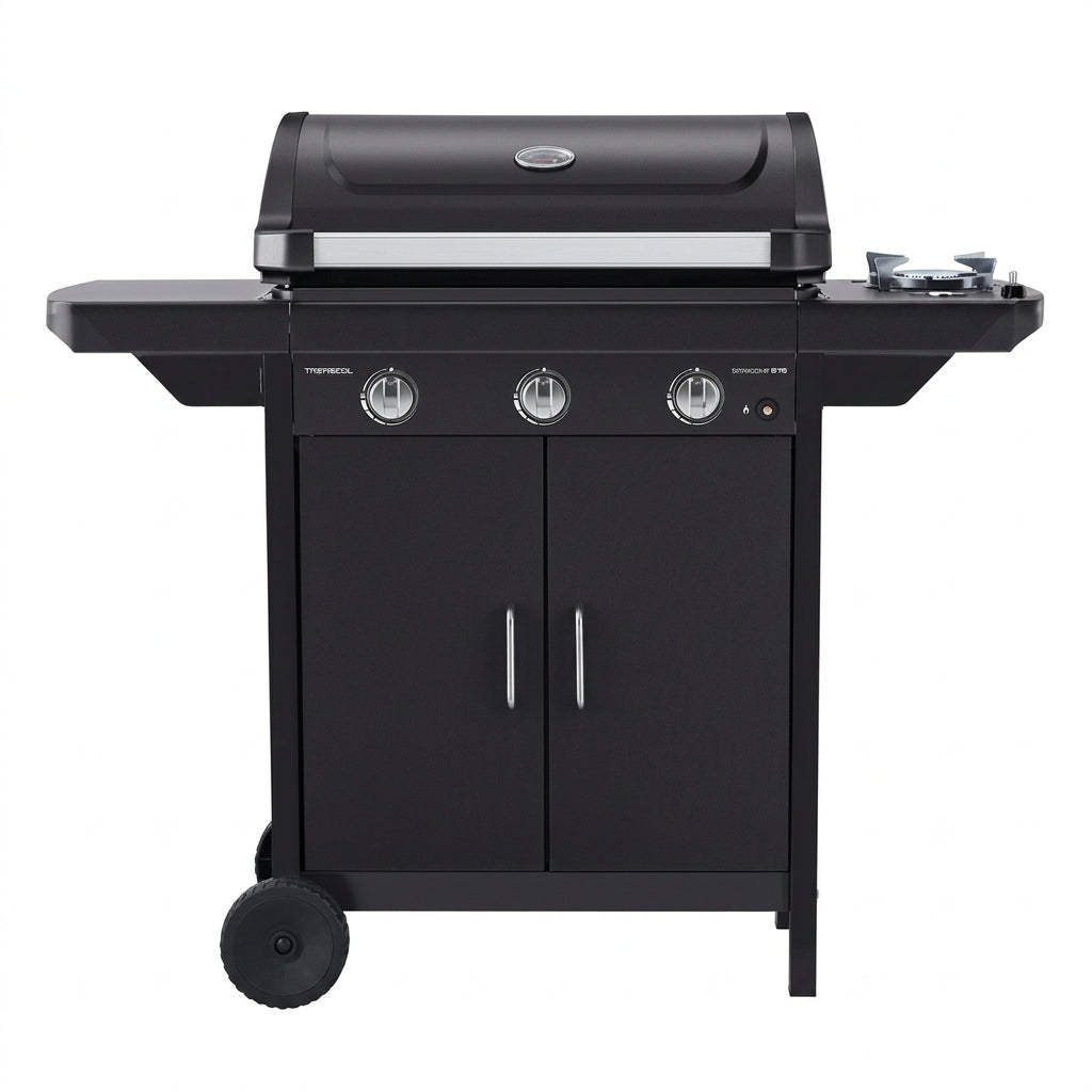 Compact BBQ grill front view with three control knobs, cabinet doors, and wheels