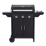 Compact BBQ grill front view with three control knobs, cabinet doors, and wheels