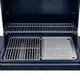 BBQ grill interior with wire racks and removable drip tray, dark finish