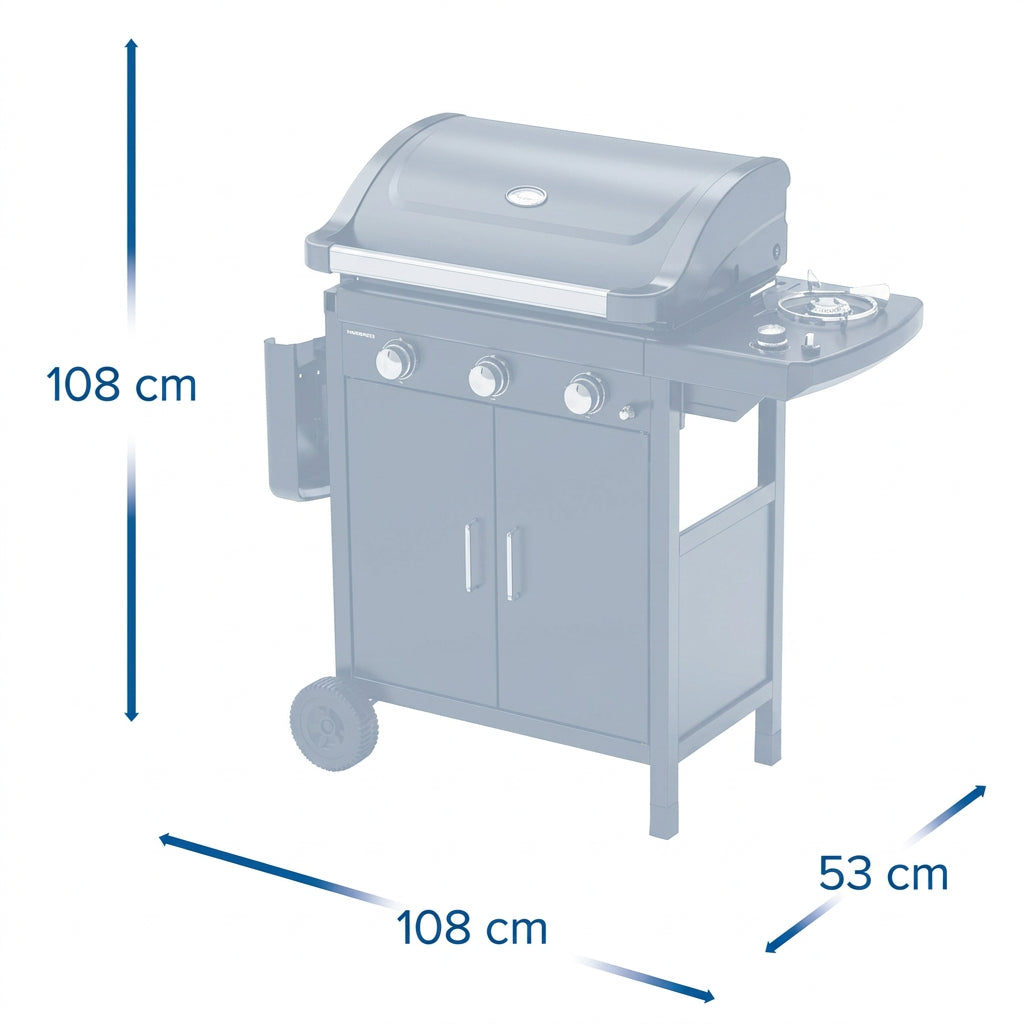 Compact 3-burner BBQ grill with side burner and enclosed cabinet, dark gray/black