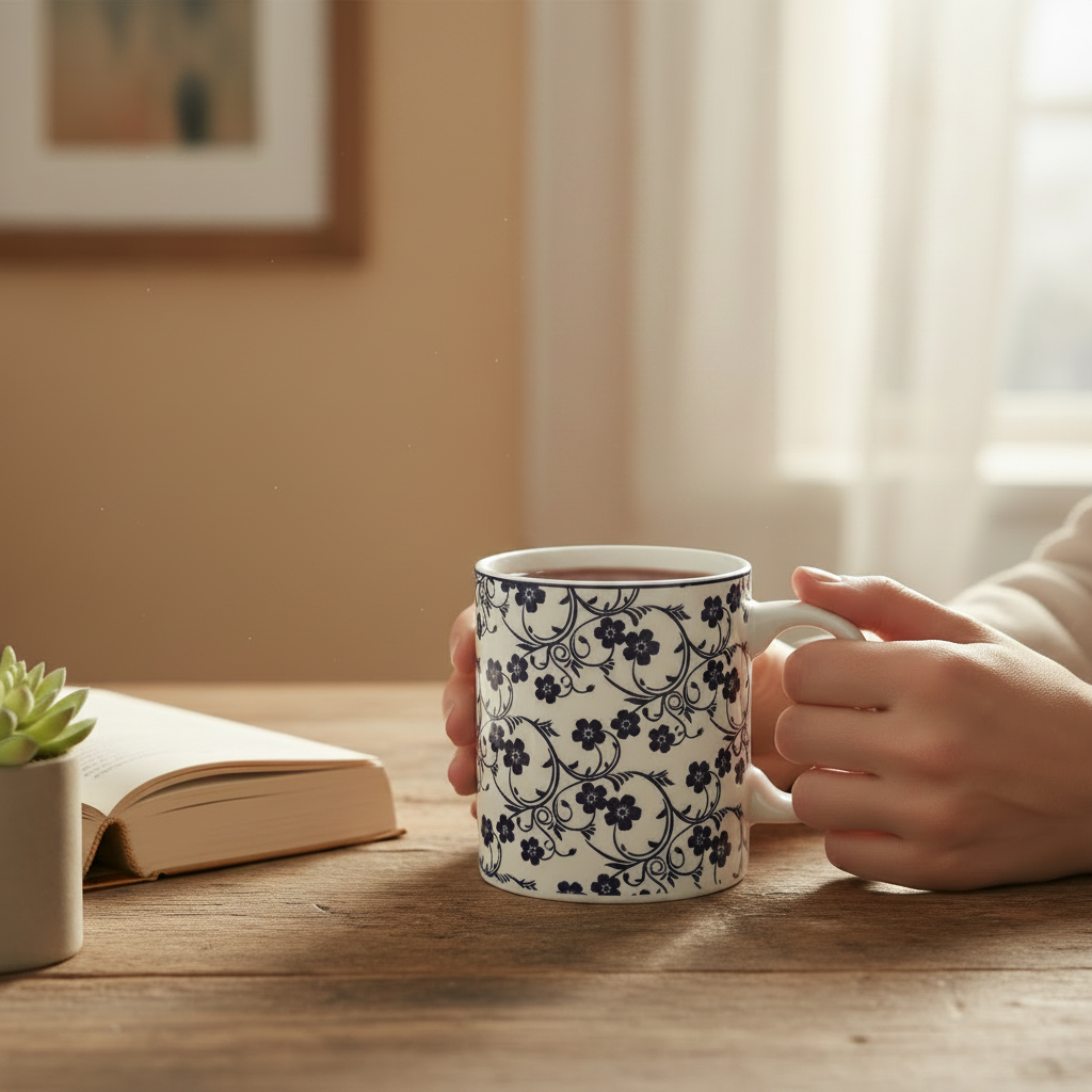 Floral Porcelain Coffee Mug White/Navy 350ml