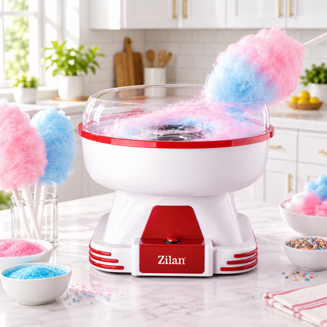 Cotton candy maker with transparent bowl and red base, spinning blue and pink floss
