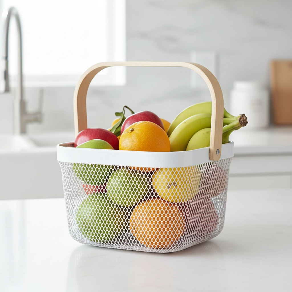 Mesh Stainless Steel Square Storage Basket With Handle White