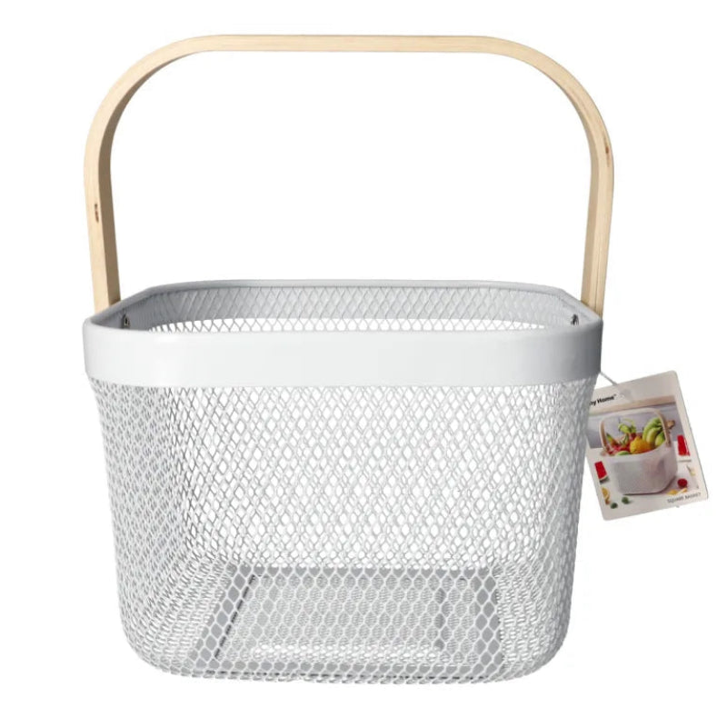 Mesh Stainless Steel Square Storage Basket With Handle White
