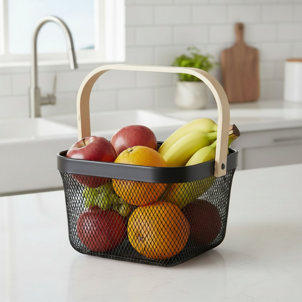 Mesh Stainless Steel Square Storage Basket With Handle Black