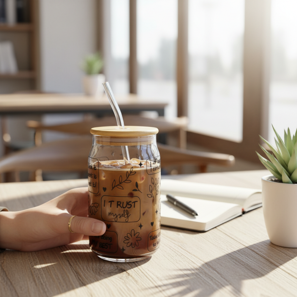 Iced Coffee Glass Mug With Straw 480ml