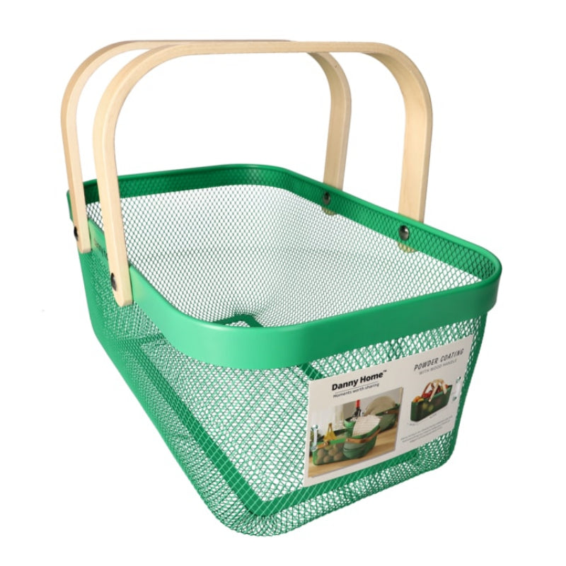 Mesh Stainless Steel Rectangular Storage Basket With Handle Green