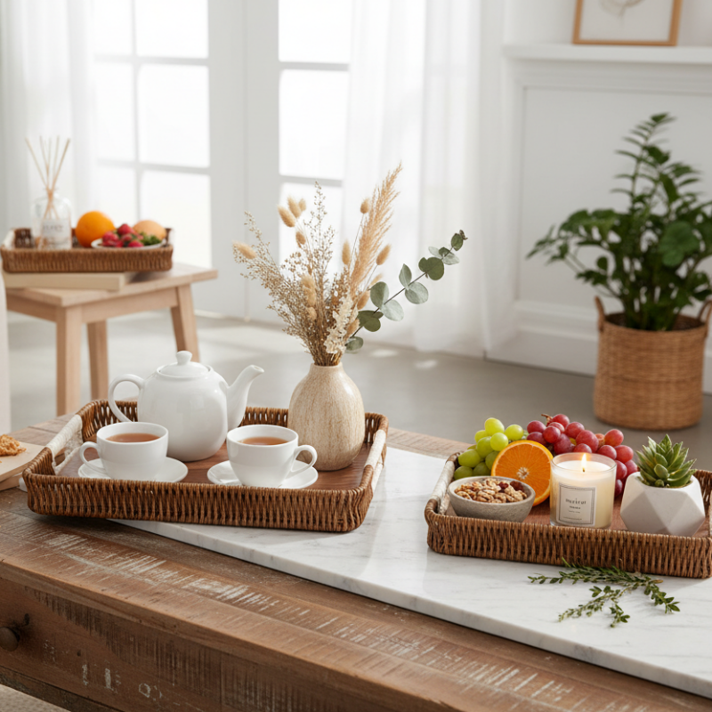 Cane Rectangular Serving Tray Brown (Set of 3)