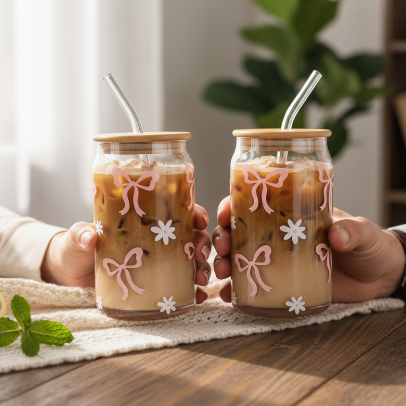 Iced Coffee Glass Mug With Straw 500ml Bows (Set of 2)