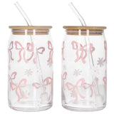 Iced Coffee Glass Mug With Straw 500ml Bows (Set of 2)
