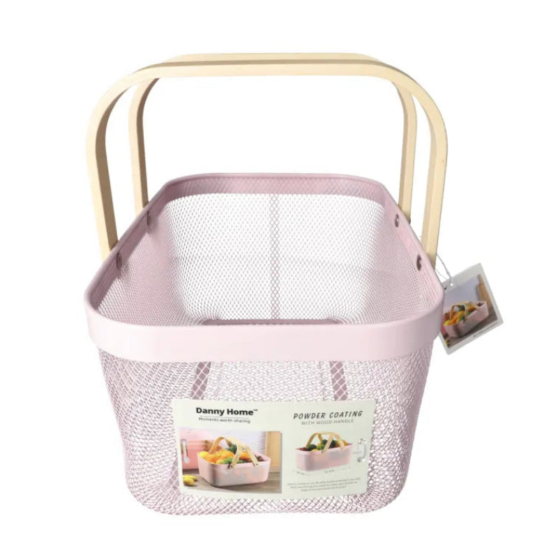 Mesh Stainless Steel Rectangular Storage Basket With Handle Pink