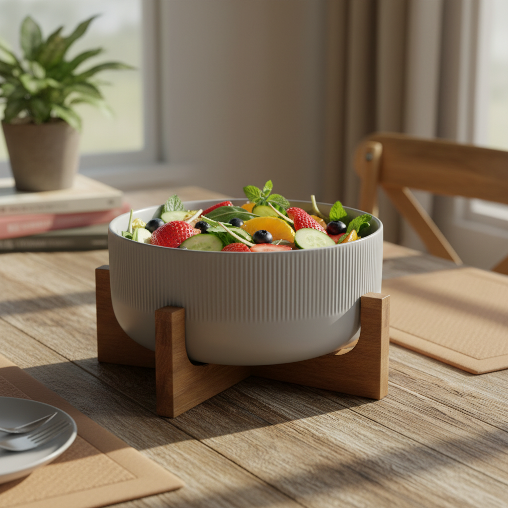 Grey Salad Bowl 2.7L With Wooden Stand