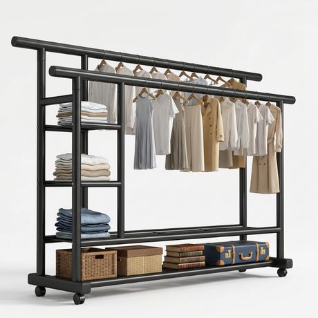 Double-Rail Metal Garment Rack With Wheels