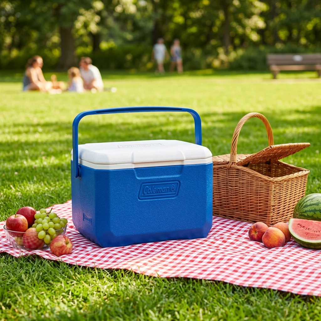 Blue Coleman mini ice cooler with white lid and carry handle, on a picnic tablecloth