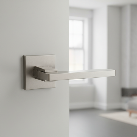 Handle on Straight Square Rose With Straight Square Key Escutcheons MSN/CP