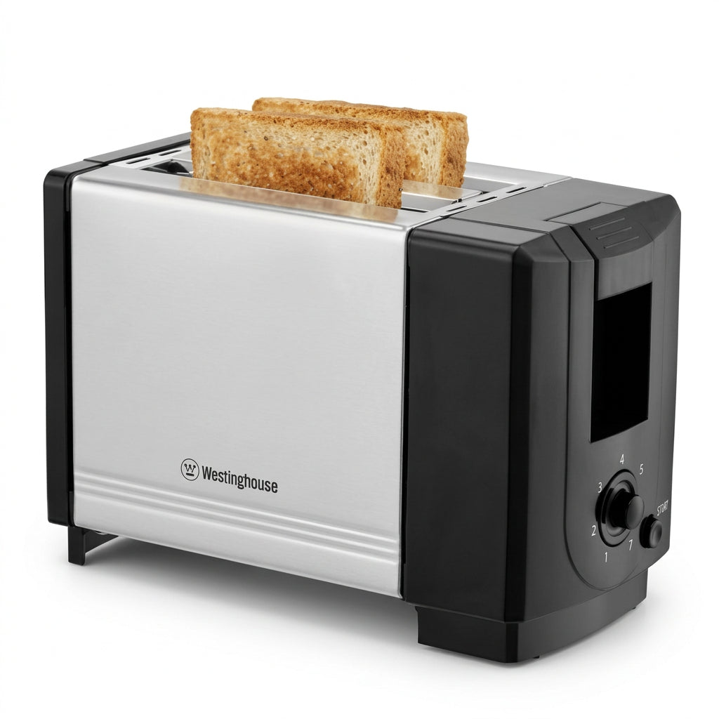 2-slice toaster with silver body and black side panels, with bread in the slots