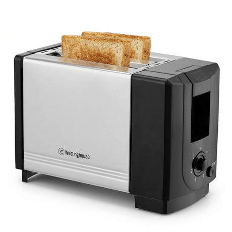 2-slice toaster with silver body and black side panels, with bread in the slots