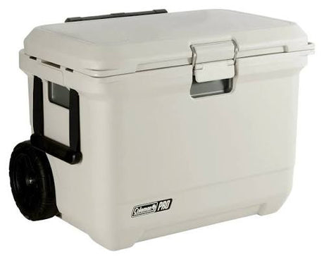 White wheeled ice cooler with front latch and side wheels