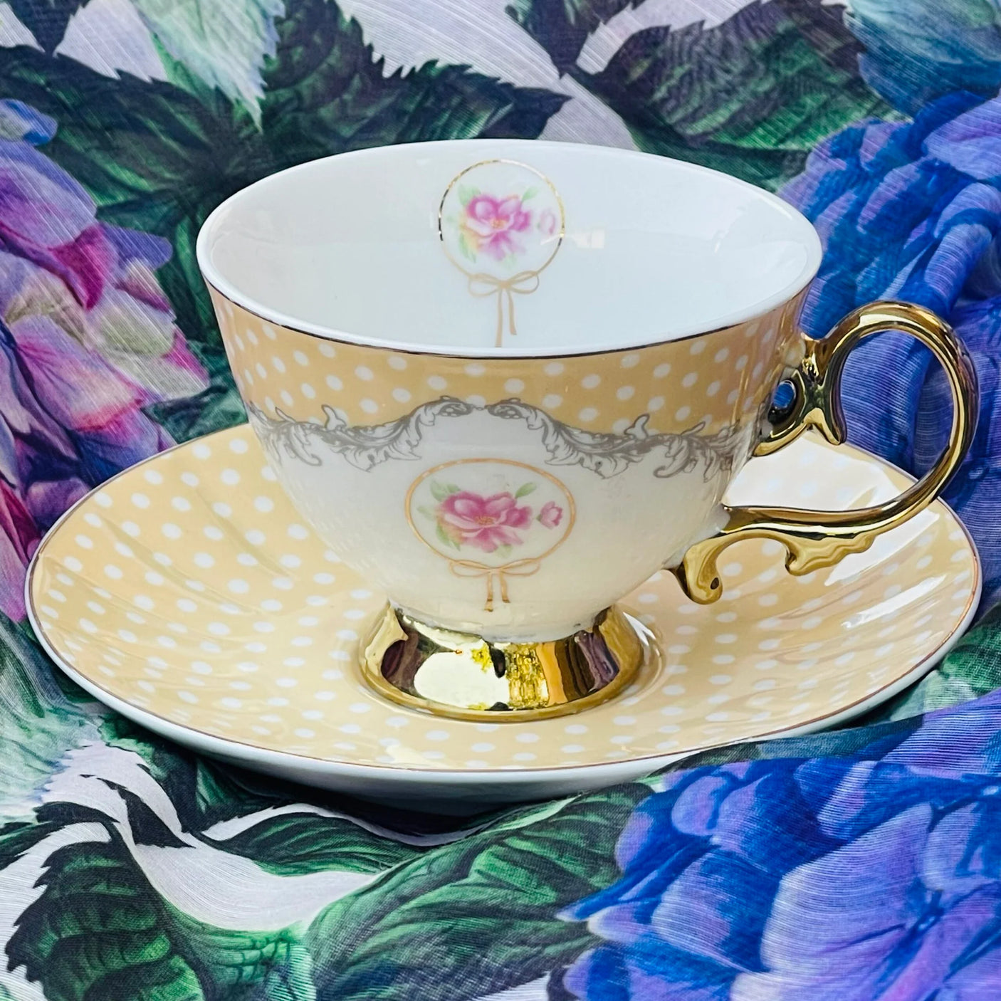 Cup Saucer Set Yellow Polka (Set of 6)