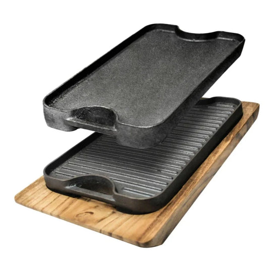 Cast Iron Reversible Griddle 30 x 19.5 cm With Wood Base
