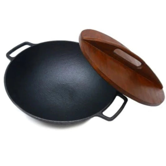 Cast Iron Wok 35cm With Wooden Lid