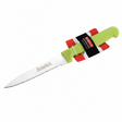 Serrated utility knife with stainless blade, green handle and red grip accents; Rossetti