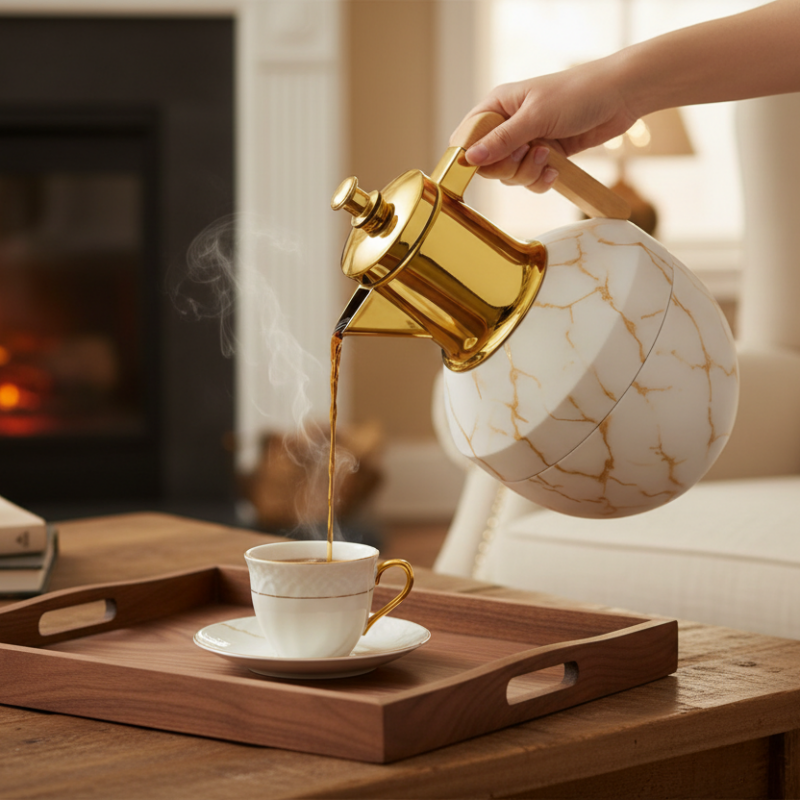 Vacuum Flask With Wooden Handle Marble 1L