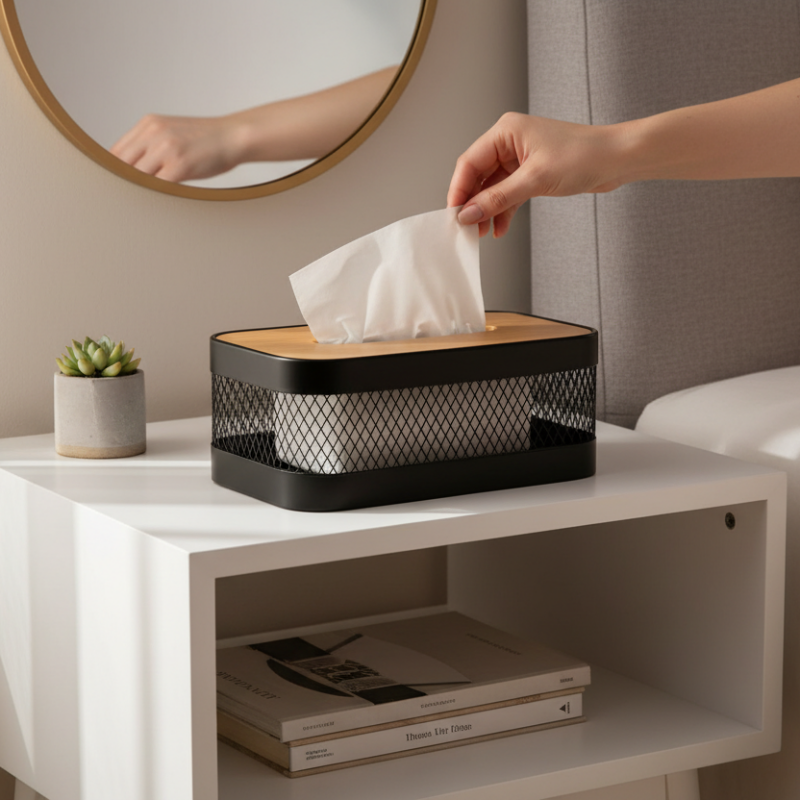 Metal Tissue Box With Wooden Lid
