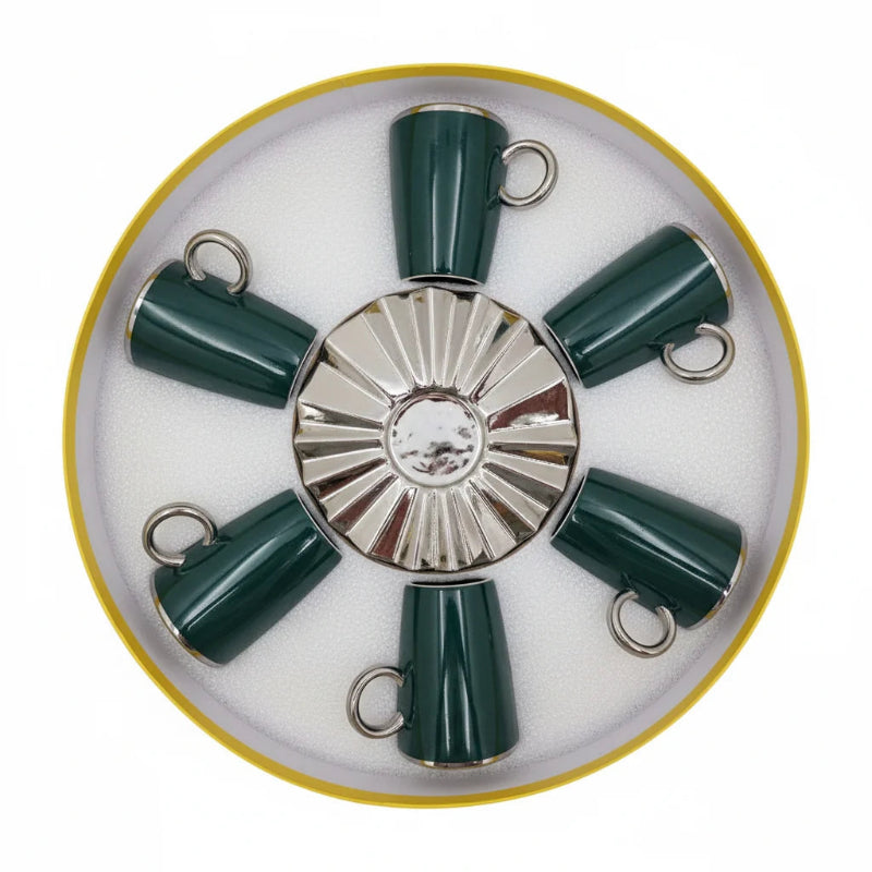 Ceramic Cup & Saucer Set Green & Silver (Set of 6)