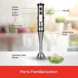 Black and silver stick blender with detachable shaft and stainless steel blades