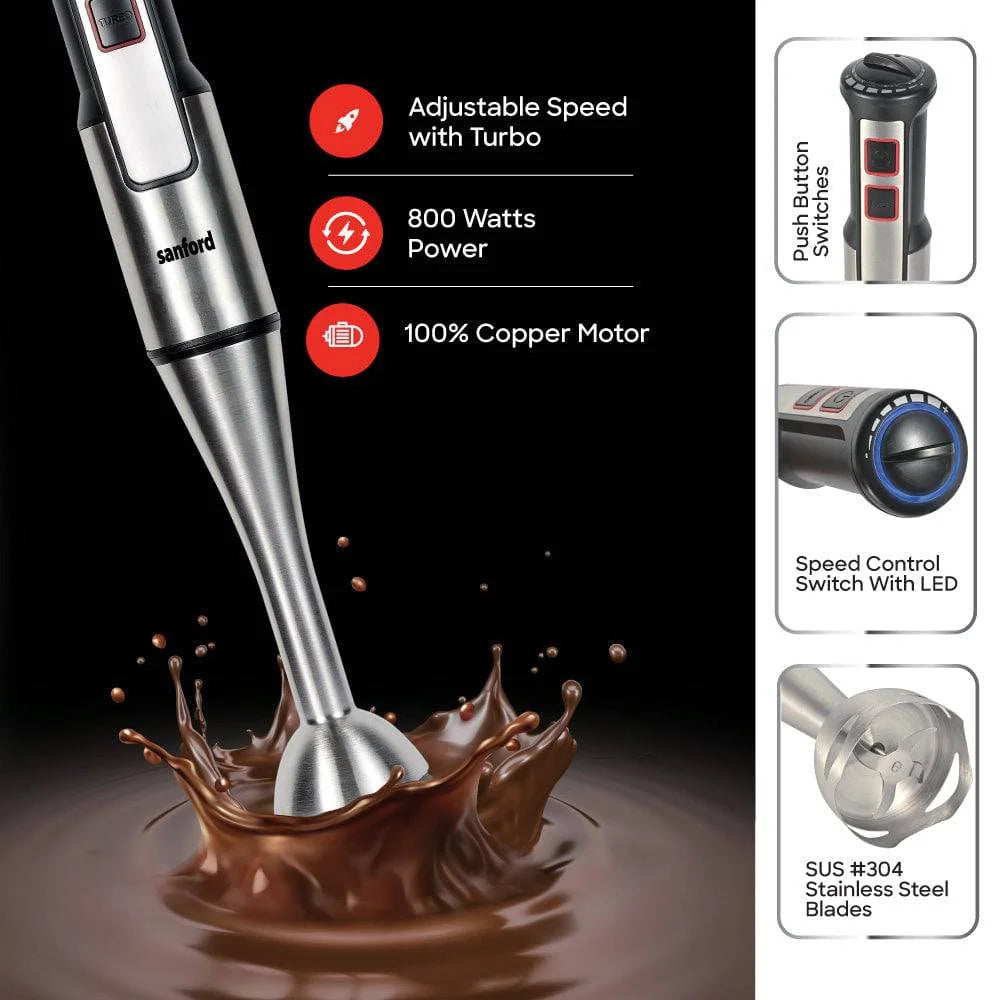 Stainless steel stick blender with speed control buttons and turbo feature