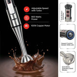 Stainless steel stick blender with speed control buttons and turbo feature