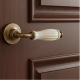 Brass door handle with round backplate and ivory fluted lever