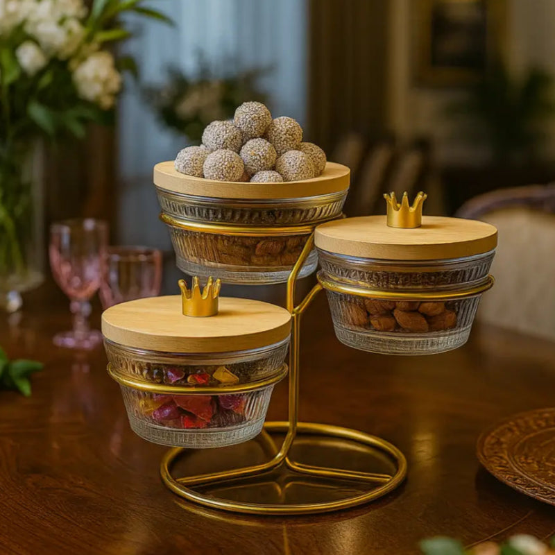 3-Division Dry Fruit Glass Bowls With Golden Stand
