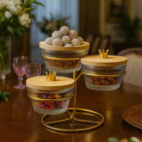 3-Division Dry Fruit Glass Bowls With Golden Stand